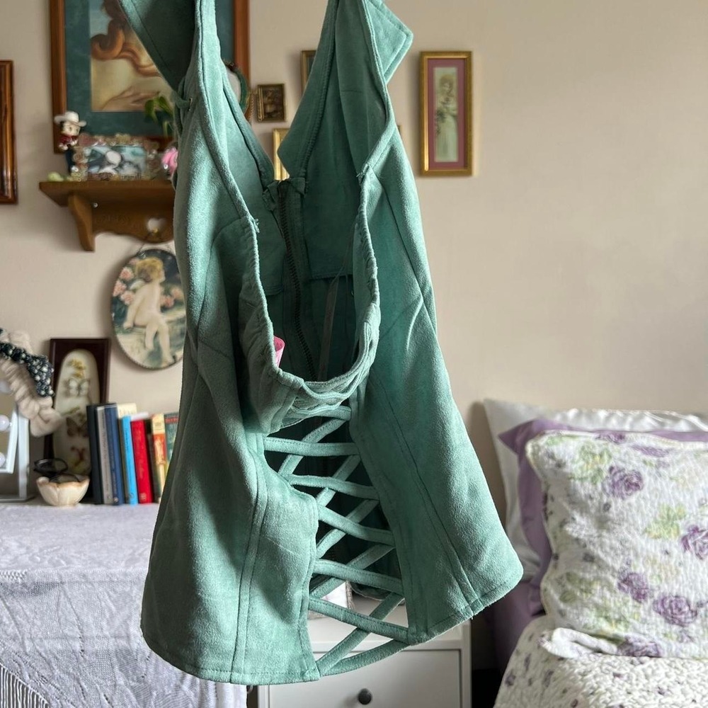 Lydia Turquoise Teal Biker Style Corset Halter Top with front zip up LARGE - Picture 5 of 5